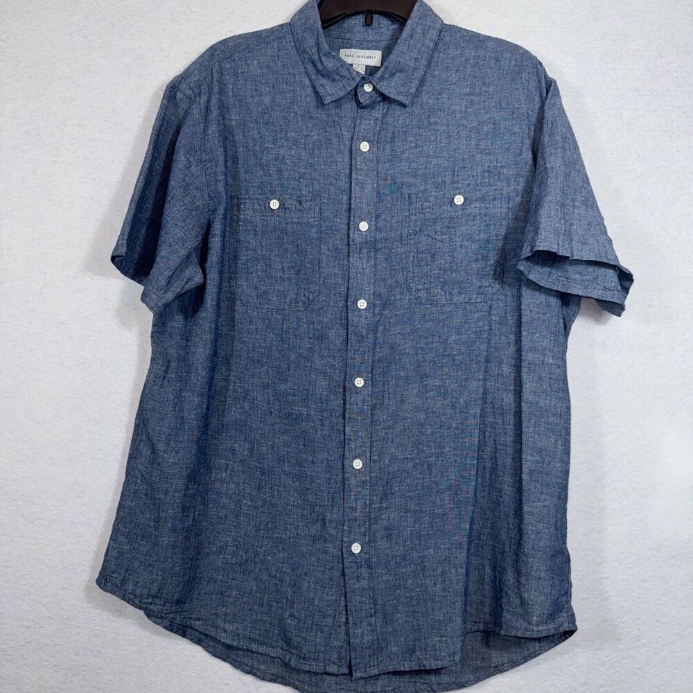 Free Assembly Men Blue Linen Cotton Short Sleeve Button Down Shirt Dual Pocket
